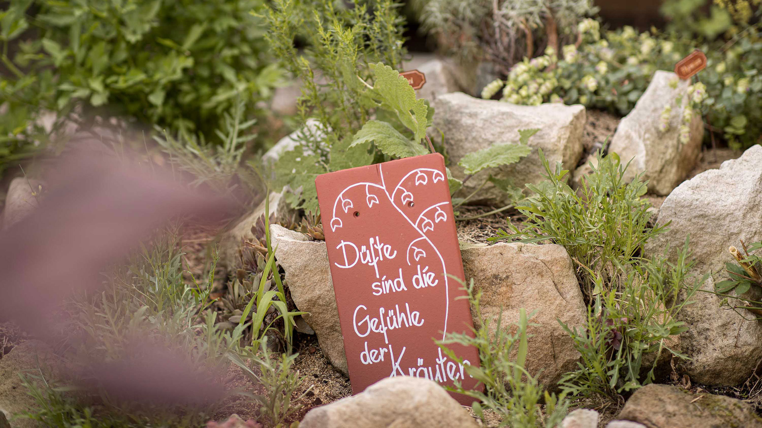 Kräutergarten mit einem passenden Spruch auf einer Tonscheibe - Hotel Patriarch