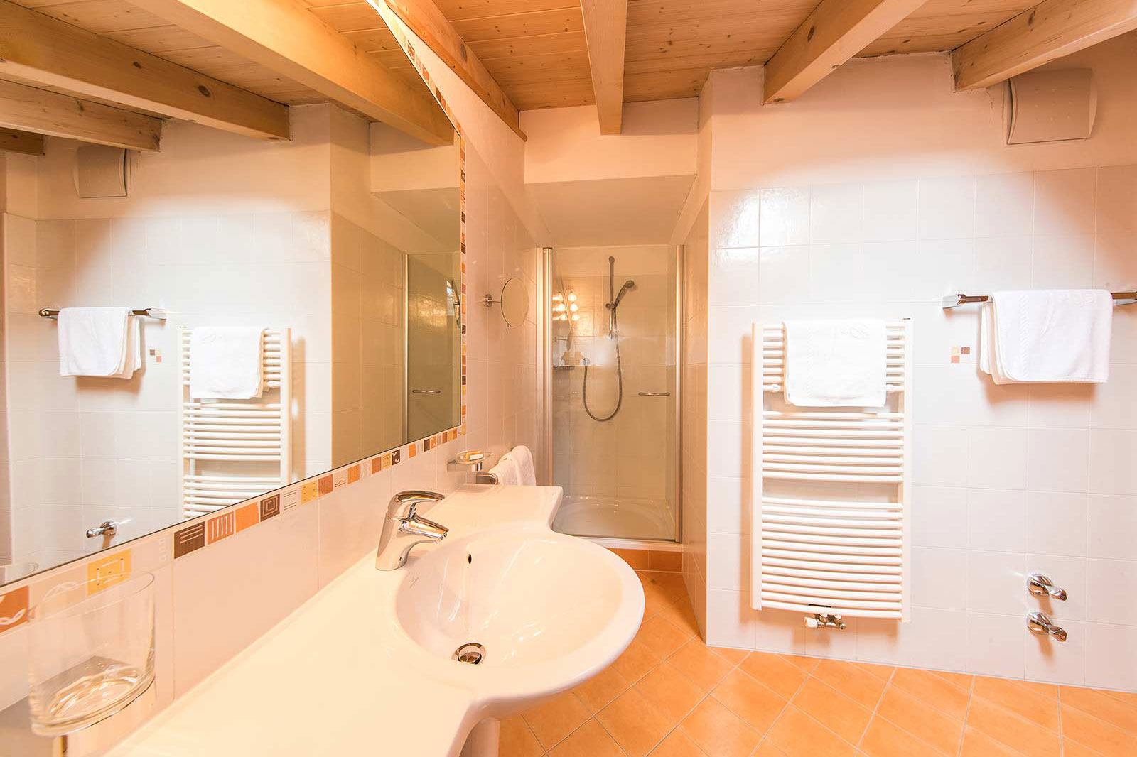 Großes Badezimmer mit Dusche und Waschbecken vom Komfortzimmer im ländlichen Stil - Hotel Patriarch